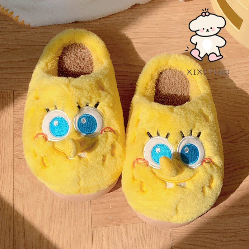 Xixtiao รองเท้าแตะผ้าฝ้าย SpongeBob SquarePants ฤดูใบไม้ร่วงฤดูหนาวสไตล์ Baotou ขนแกะในร่มนุ่มหนา-