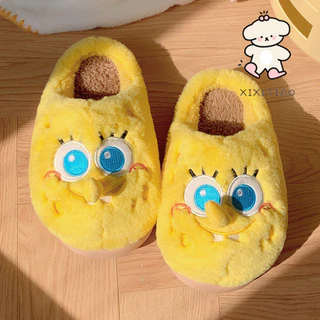 Xixtiao รองเท้าแตะผ้าฝ้าย SpongeBob SquarePants ฤดูใบไม้ร่วงฤดูหนาวสไตล์ Baotou ขนแกะในร่มนุ่มหนา-