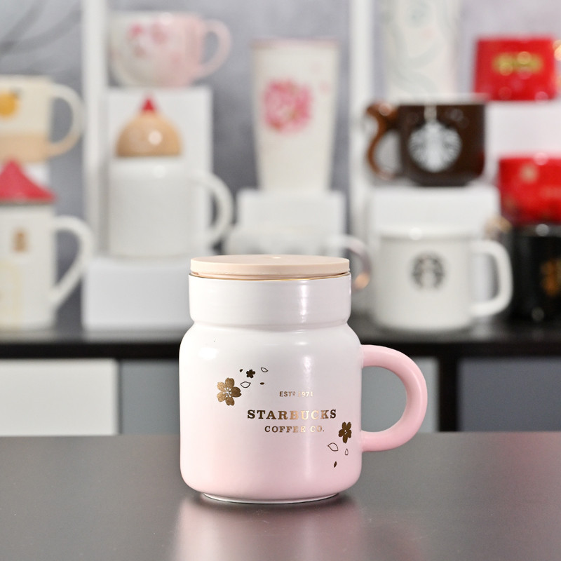 สตาร์บัคส์ถ้วยดอกซากุระสีชมพูแก้วเซรามิกสร้างสรรค์ทนความร้อนถ้วยน้ําในครัวเรือนมูลค่าสูงประณีตสํานักงานน่ารักนมอาหารเช้าถ้วย