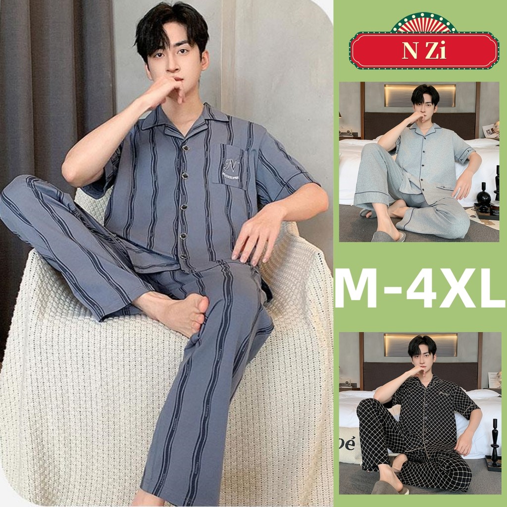 ชุดนอนผู้ชาย ผ้าฝ้าย Plus Size ลายสก๊อต แขนสั้น สไตล์ Minimalist สําหรับฤดูร้อน ขนาด M-4XL