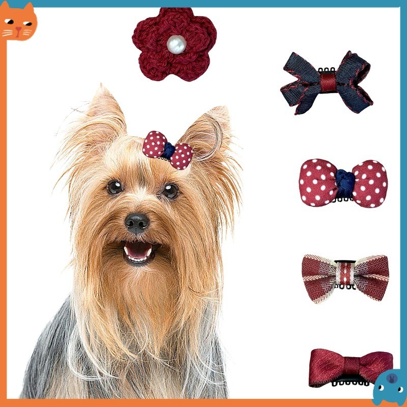 5 ชิ้นกิ๊บติดผมสุนัขสําหรับสุนัขขนาดเล็กโบว์ผม Handmade Yorkie อุปกรณ์เสริมผม Star Heart Hair Pins