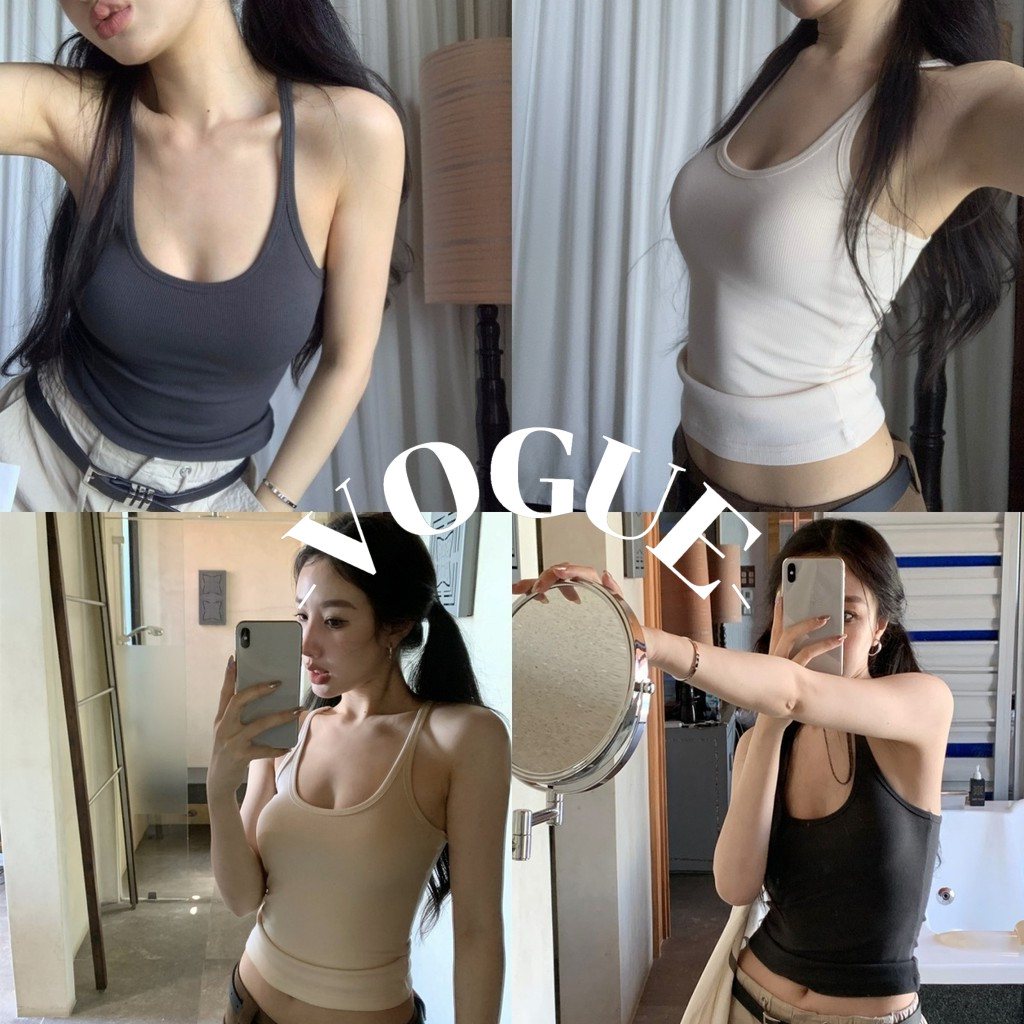 Vogue🌟พร้อมส่ง🌟 เสื้อกล้ามผู้หญิง แขนกุด เข้ารูป ผ้านิ่มเด้ง🥰สีพื้น ครอป เสื้อสายเดี่ยว ลำลอง สไตล์เกาหลี💥(FY130)