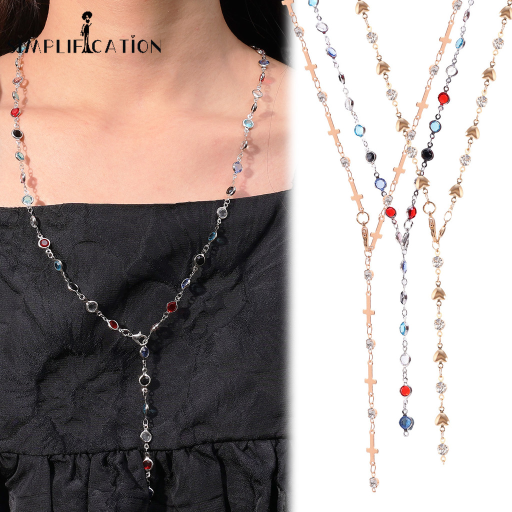 Creative Y-shaped พลอยสร้อยคอพู่-ผู้หญิงจําลองคริสตัลจี้สร้อยคอโลหะ Y2K เครื่องประดับ