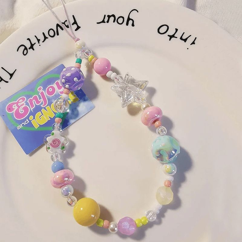 กราฟฟิตี ทําเอง ลูกปัดที่มีสีสันดาวโทรศัพท์มือถือแขวนโซ่ข้อมือ โดปามีน ห่วงโซ่ที่มีสีสัน ซีซีดี กล้องแขวนโซ่จี้ป้องกันการสูญหาย