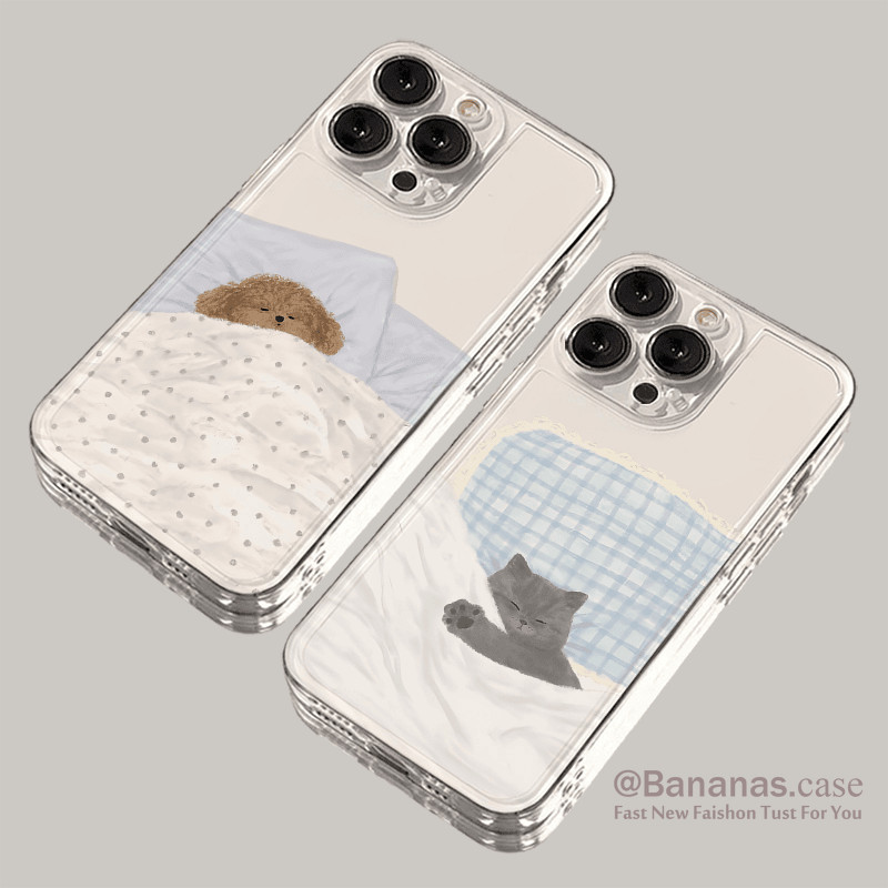 Iphone 16 15 14 13 12 11 Pro Max X XR XS Max 7 8 Plus SE2020 เคสโทรศัพท์ Ins Simple Lazy Sleeping Puppy Cat คู่ Clear Soft ฝาหลัง