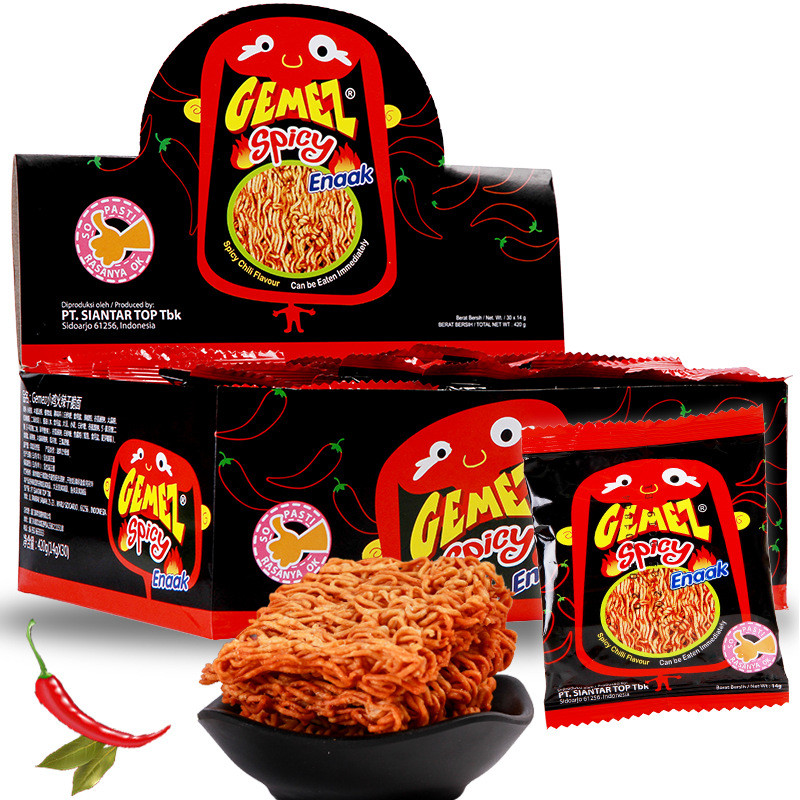 บะหมี่ไก่เล็กนําเข้าจากอินโดนีเซียขนม Gemez Enaak บะหมี่กรอบรสเผ็ดทั้งกล่อง 14g * 30 แพ็ค 3.17 IBLI