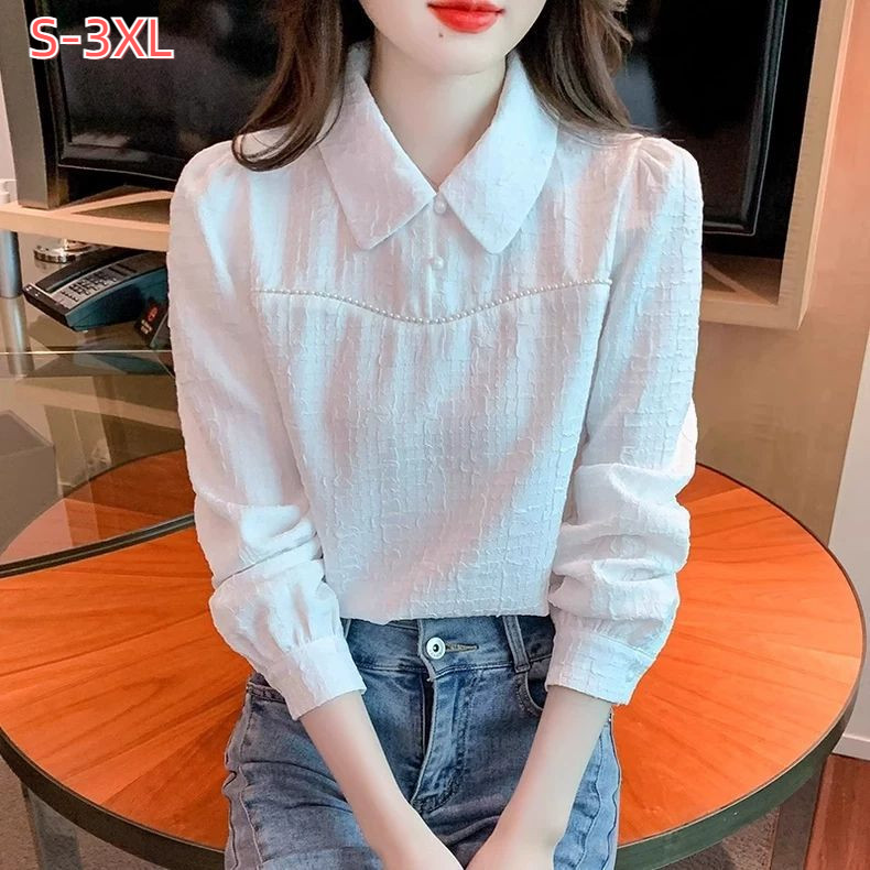 เสื้อเชิ้ตแขนยาวสุภาพสตรีฤดูใบไม้ผลิฤดูใบไม้ร่วงแฟชั่นสไตล์ใหม่เวอร์ชั่นเกาหลีคอตุ๊กตาสบายชีฟองระบายอากาศสบายๆทุกการแข่งขันที่เรียบง่ายสีทึบหลวมมืออาชีพด้า