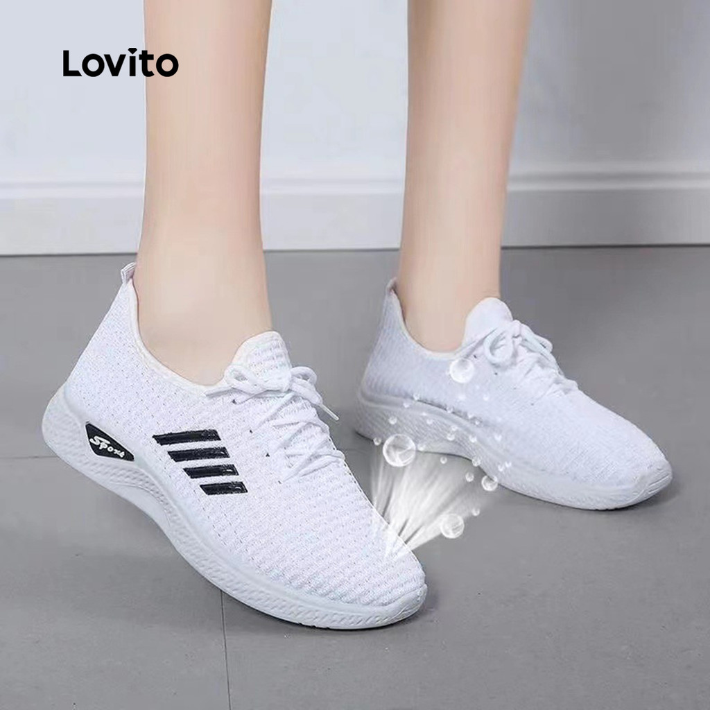 Lovito ลําลองธรรมดาบินทอรองเท้าอเนกประสงค์พื้นผิวตาข่ายระบายอากาศด้านล่างนุ่มรองเท้าผ้าใบแสงสําหรับผู้หญิง  LFA65228