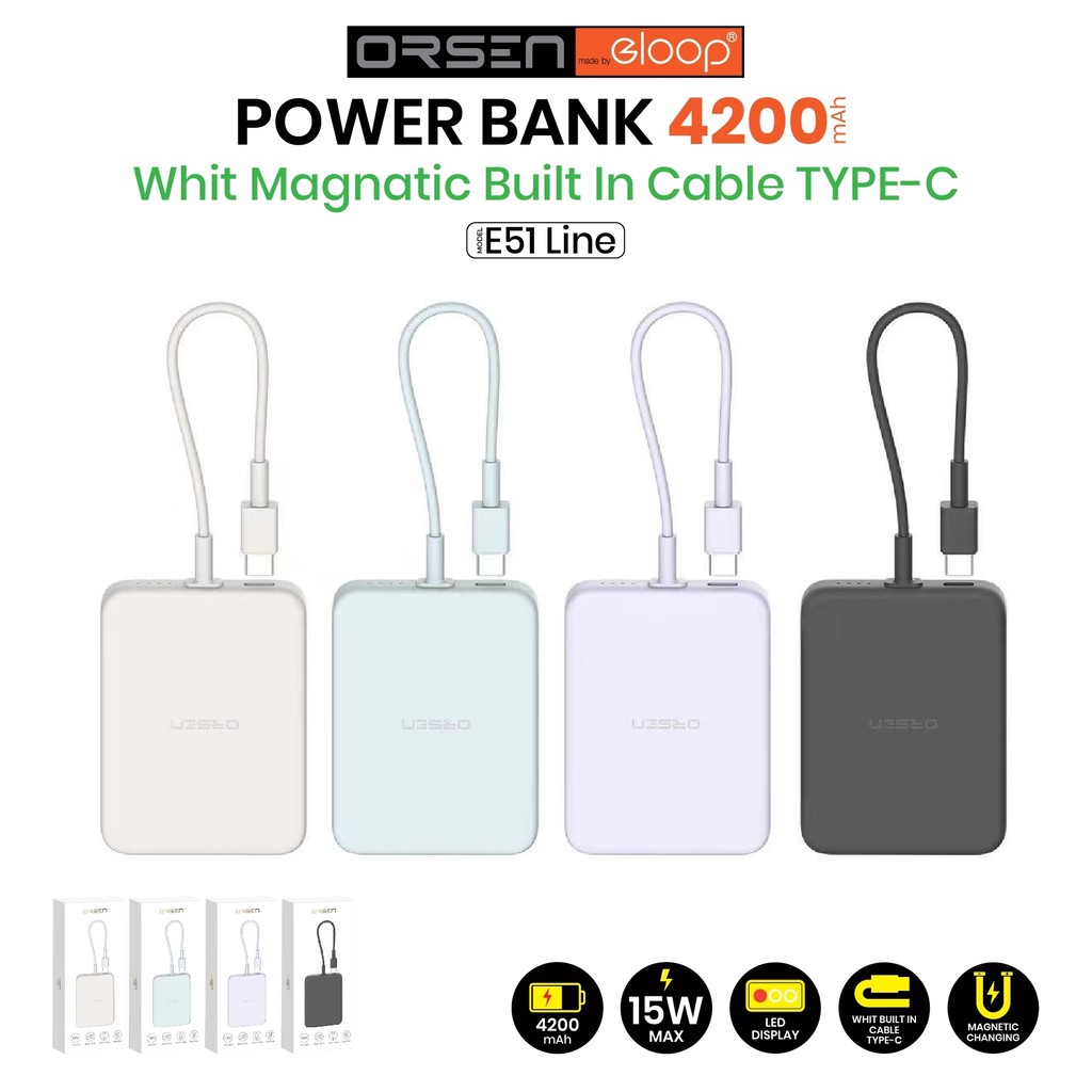 Orsen by Eloop E51 Line สีดำ มีสาย Type C ในตัว 4200mAh 12W Power Bank แบตสำรอง