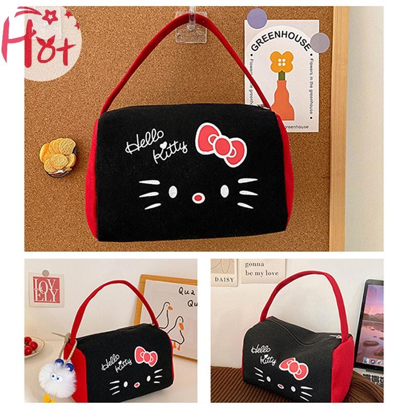 Ge อะนิเมะ Sanrio กระเป๋าถือผ้าใบ Kawaii Hello Kitty กระเป๋าแต่งหน้าการ์ตูนแบบพกพาขนาดใหญ่ความจุกระเป๋าเก็บเครื่องสําอางสาวของขวัญสแควร์
