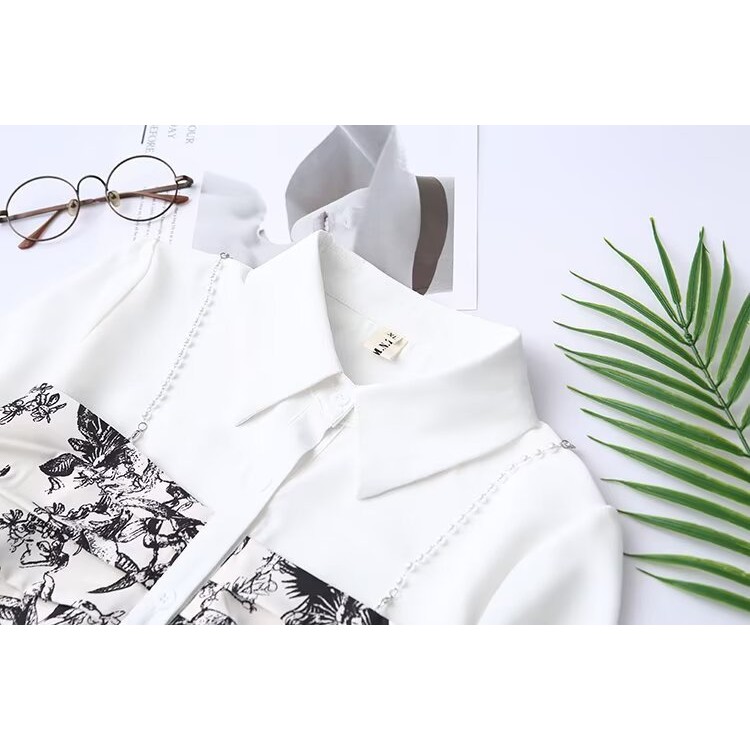พลัสขนาดผู้หญิง XL-4XL False สองชิ้นสีขาวสีดําเสื้อแขนยาวแฟชั่นปุ่ม A-line Tops ขนาดใหญ่ Elegant Blusas OL ราคา ถูกที่สุด ดีลบีเคเค แกลเลอรีภาพที่ 4