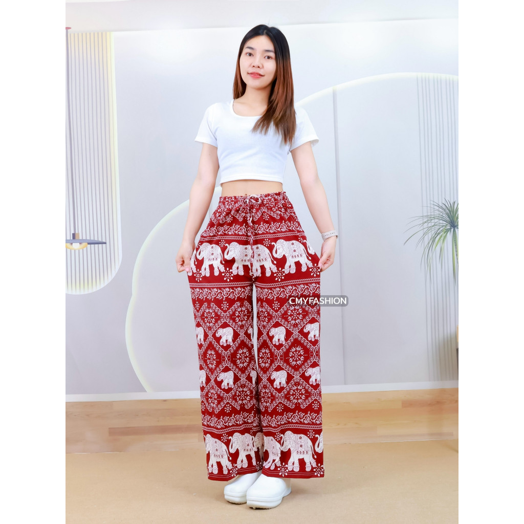 กางเกงขายาว พิมพ์ลายช้าง ทรงขากระบอกใหญ่ ผ้าไหมอิตาลี่ เนื้อผ้านิ่ม สไตล์ไทยโมเดิร์น  p9375# - รูปที่ 5