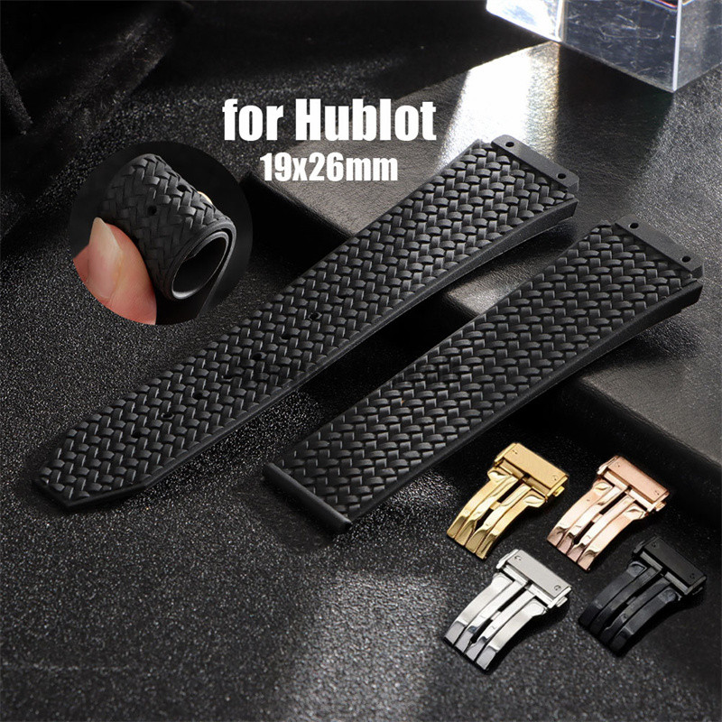 สายนาฬิกาซิลิโคนสําหรับ Hublot เปลี่ยนสายนาฬิกา 19x26 มม. กีฬาสร้อยข้อมือดําน้ํานุ่มผู้หญิงผู้ชายสายรัดข้อมือพับหัวเข็มขัด