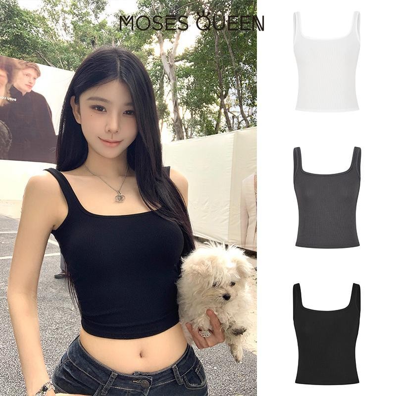 MOSESQUEEN  เสื้อชั้นในสตรีคอเหลี่ยมสีขาวสําหรับผู้หญิงในฤดูใบไม้ร่วงและฤดูหนาวสไตล์สั้นพร้อมเสื้อทรงเข้ารูปรัดรูปสีดํา #62876