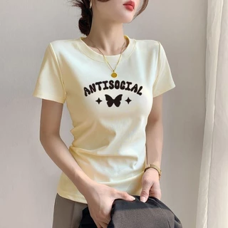 เสื้อยืดแขนสั้นผ้าฝ้ายพิมพ์ลายผีเสื้อแฟชั่นสตรี