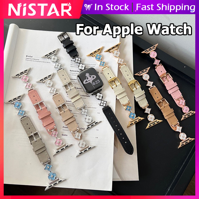 Nistar Lucky ดอกไม้สี่ใบโลหะตกแต่งสําหรับ Apple watch Ultra 2 S10 9 8 7 6 5 4 3 2 1,Luxury หนัง smart watch band สําหรับ iWatch 49 มม.46/45/44/42 มม.40 มม.38 มม.
