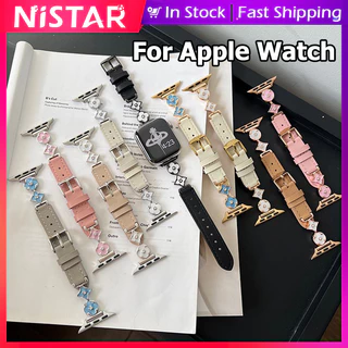 Nistar Lucky ดอกไม้สี่ใบโลหะตกแต่งสําหรับ Apple watch Ultra 2 S10 9 8 7 6 5 4 3 2 1,Luxury หนัง smart watch band สําหรับ iWatch 49 มม.46/45/44/42 มม.40 มม.38 มม.