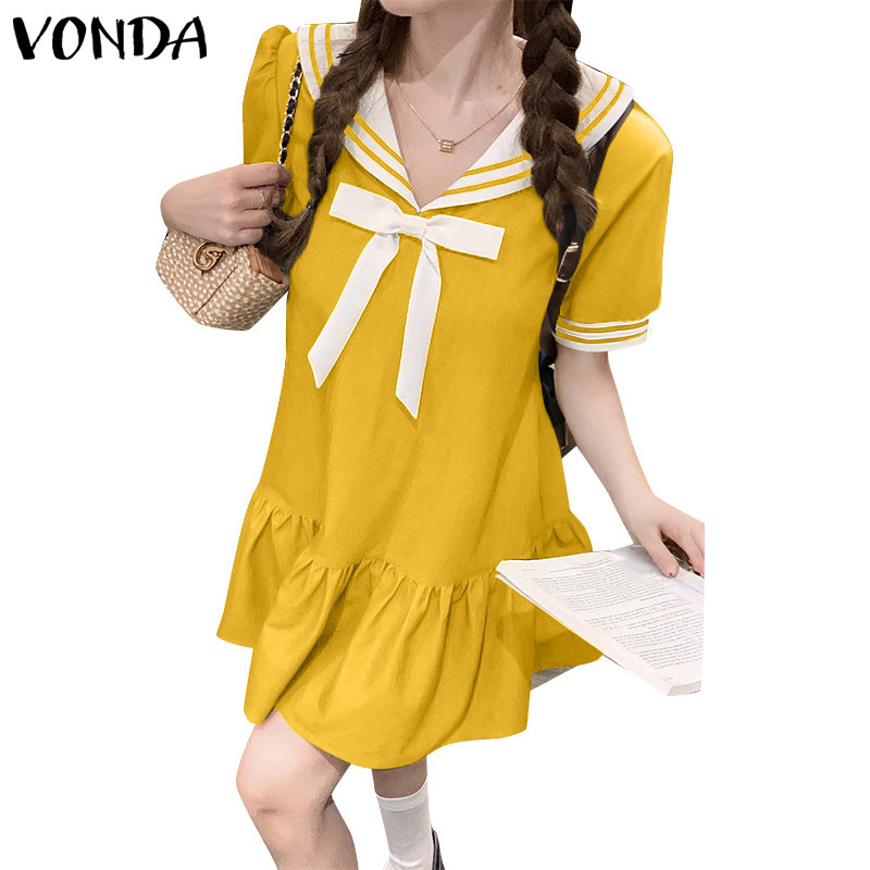 Vonda ผู้หญิงเกาหลีสไตล์วิทยาลัยกองทัพเรือคอปก Bowknot Contrast Splicing Ruffle Dresses