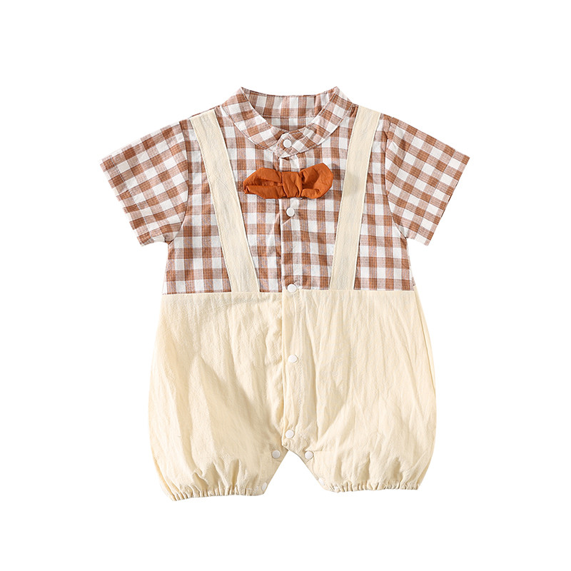 ฤดูร้อนใหม่เสื้อผ้าเด็กชายและหญิงแขนสั้นสุภาพบุรุษ Bodysduit 0-28 เดือนเด็กโบว์ลายสก๊อต Splicing สไตล์อังกฤษวันเกิด Christening Romper - รูปที่ 6