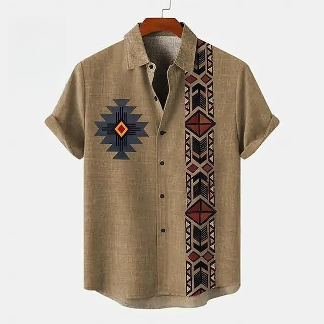 2025 Mocha Mousse ชาติพันธุ์ Retro แขนสั้น Asean เสื้อ 3D พิมพ์ผ้าลินิน Tribal ปกปุ่มแบบดั้งเดิมเสื้