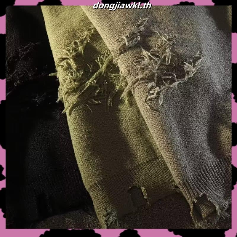 Bonnie Cathy ฤดูใบไม้ร่วงและฤดูหนาวแบรนด์อินเทรนด์ Broken Hole เสื้อกันหนาวผู้ชาย American High Street Retro รอบคอหนาถักเสื้อกันหนาว