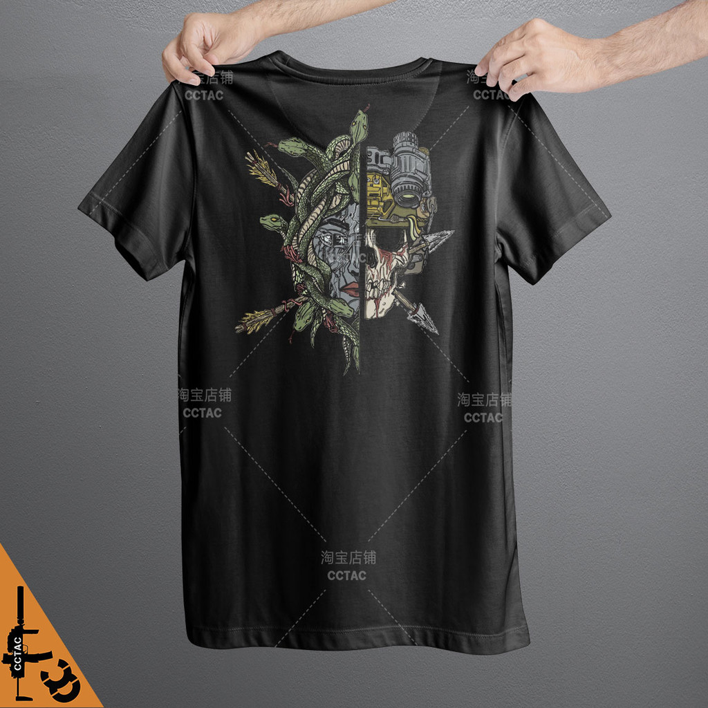 สไตล์ยุทธวิธีทหารพัดลมหินยุทธวิธีเสื้อยืดกะโหลกศีรษะ กลางคืน วิสัยทัศน์ วัด พิมพ์ผ้าฝ้าย 100% ระบายอากาศผู้ชายแขนสั้น 0329