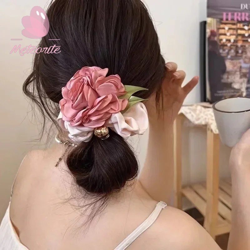 ยางรัดผม แบบยืดหยุ่น ลายดอกไม้ ขนาดใหญ่ สไตล์ฝรั่งเศส วินเทจ เกาหลี เครื่องประดับผมหางม้า สําหรับผู้หญิง
