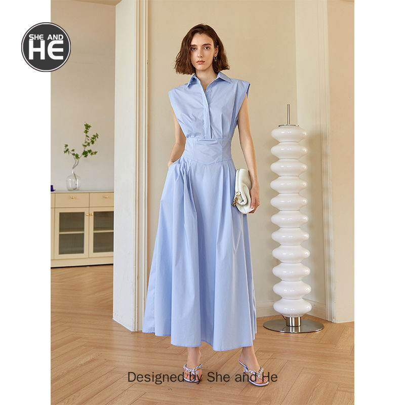 ชุดเดรสกระโปรงยาว คอปกโปโล แขนกุด เข้ารูป สีฟ้า แฟชั่นฤดูร้อน สําหรับสตรี 2024