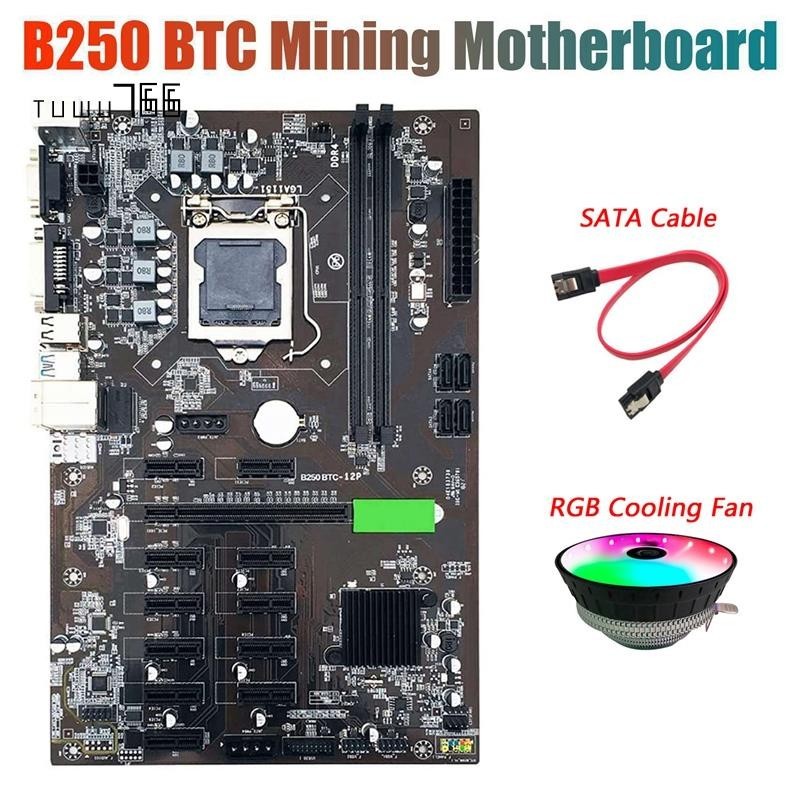 [tuwu766] เมนบอร์ดแร่ BTC B250 พร้อมพัดลมระบายความร้อน RGB CPU และสายเคเบิล SATA 12X ช่องการ์ดจอ LGA 1151 DDR4 SATA3.0 สําหรับ BTC