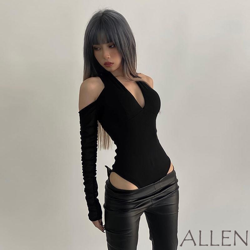 Allen-ผู้หญิงtเสื้อบอดี้สูทslim Fit Low CutแขนยาวBacklessสีทึบHalter Tops JumpsuitสําหรับParty Clubค็อกเทล