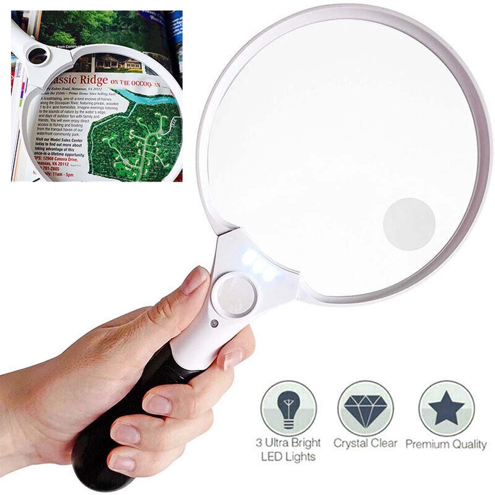 Extra Large Reading Magnifying Glass With 3 LED Light 2/4/25 Magnifying Lens Inspection Tools