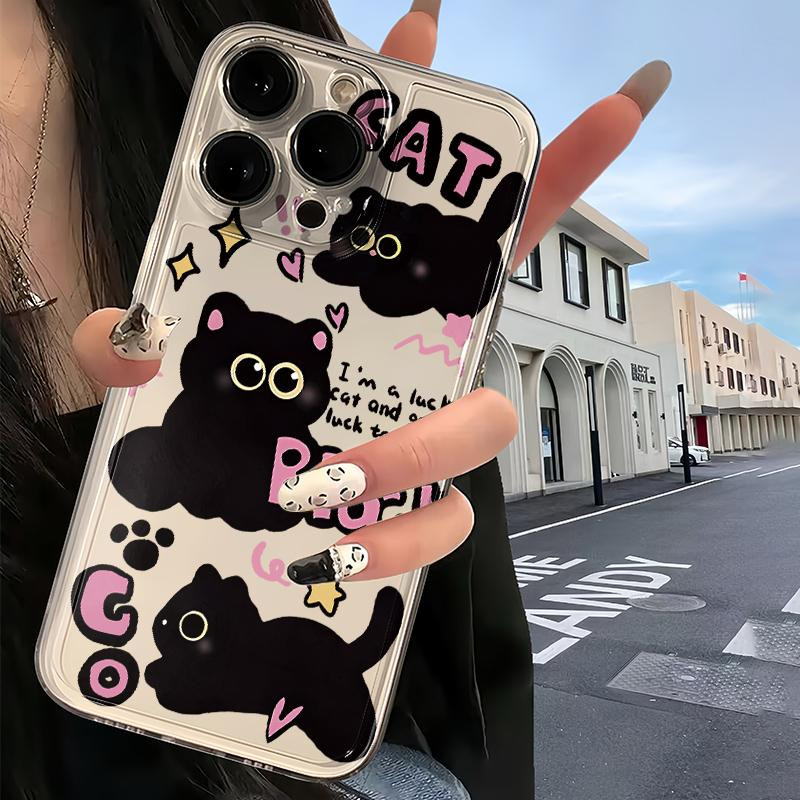 เหมาะสําหรับเคสโทรศัพท์ iPhone IP 15 PRO MAX สนุกการ์ตูนแมวดํา IP11 สวัสดิการ IP14 PLUS Kawaii minimalist IPX IPXS MA X โปร่งใสเคสโทรศัพท์ TPU นุ่ม