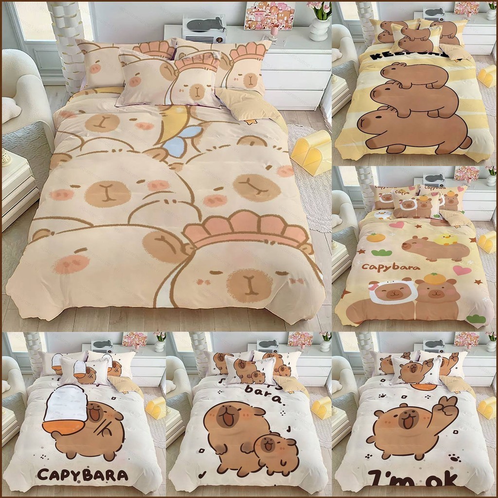 Squar1 ชุดเครื่องนอน ผ้าปูที่นอน ปลอกหมอน ลายคาปิบาราน่ารัก ซักทําความสะอาดได้ 3IN1 สําหรับบ้าน ห้องนอน หอพัก