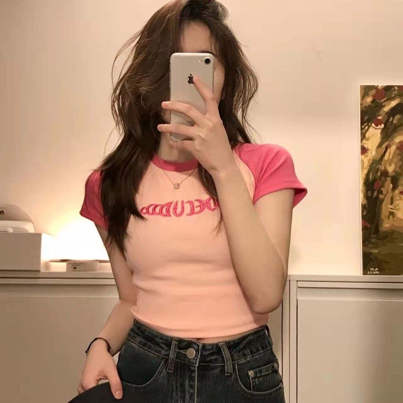 Solovely เวอร์ชั่นเกาหลี เสื้อ การปัก เสื้อยืด แขนสั้น เสื้อครอป