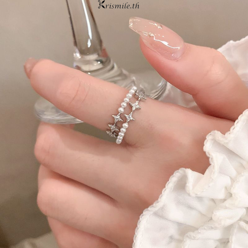 COD-ในไทย💖แหวนมุกดาวสองชั้นสำหรับสุภาพสตรีแฟชั่นบุคลิกภาพแหวนเปิดแหวนปรับได้เหมาะกับของขวัญ-Kri