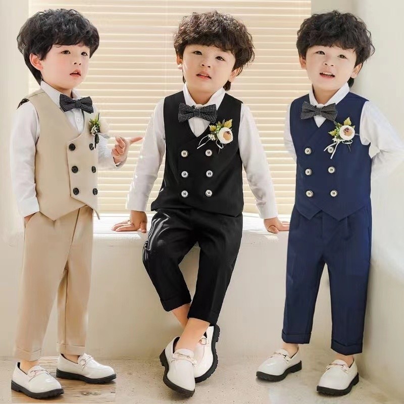 4ชิ้น/5ชิ้นเด็กเด็กดอกไม้ชายอย่างเป็นทางการชุดวันเกิดงานแต่งงานจบการศึกษาชุดเสื้อสูทเสื้อกั๊กกางเกงเสื้อผ้าชุดเด็กสุภาพบุรุษชุดทักซิโด้