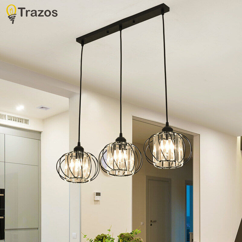 Trazos โคมไฟเพดานในร่มคริสตัล LED จี้ไฟสําหรับห้องรับประทานอาหารห้องนั่งเล่น Nordic สีดําเหล็ก Shade 1/3 ไฟห้องครัวแขวนโคมไฟเพดาน