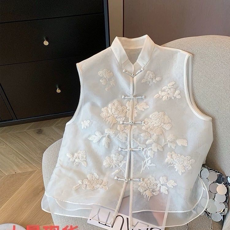 2024 South Oil High-End ผู ้ หญิงสไตล ์ จีนใหม ่ ปัก Organza Stand-Up Collar Buttoned เสื ้ อกั ๊ กผู ้ หญิงฤดูใบไม ้ ผลิสไตล ์ จีน 5.3 - รูปที่ 6