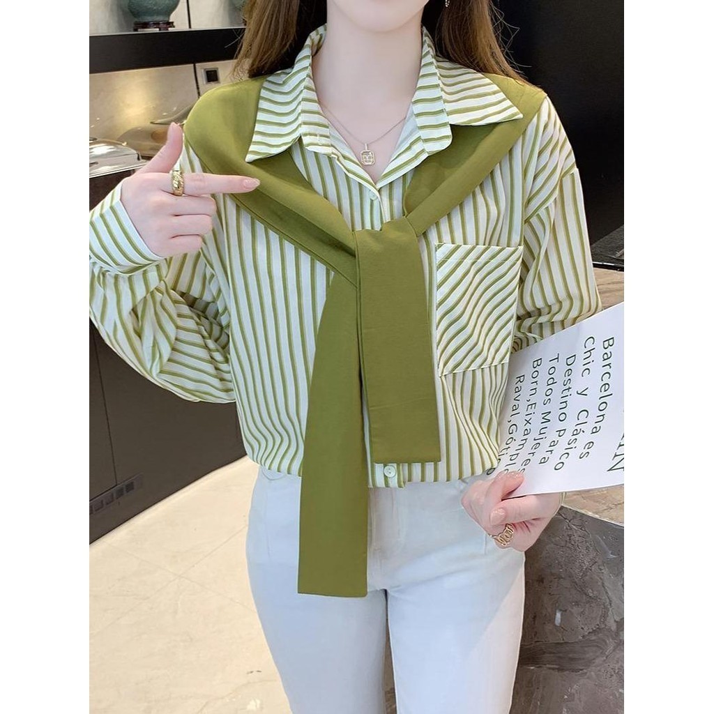 mimi&didi.เสื้อเชิ้ตแขนยาวลายทางแฟชั่นผู้หญิง Office ปกPOLO ผ้าคลุมไหล่ปลอมทรงหลวมมีกระเป๋า สไตล์เกาหลี#W334