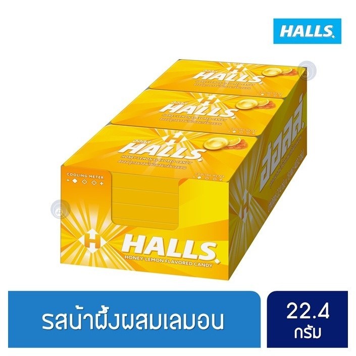 [แพ็ค 18 แผง] Halls Honey Lemon ฮอลล์ ลูกอมรสน้ำผึ้งผสมกลิ่นเลมอน แบบแผง 8 เม็ด (22.4 กรัม)