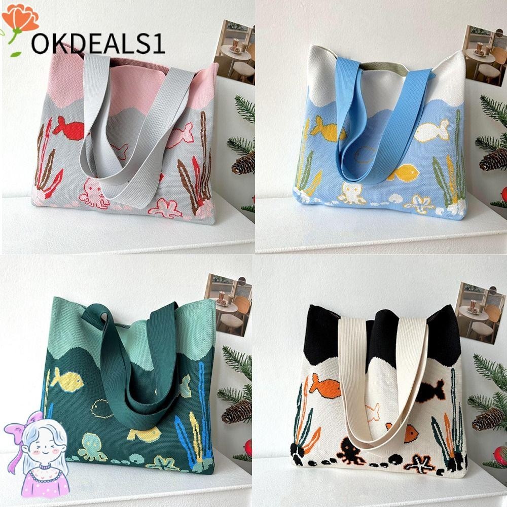 Dealshop กระเป๋าสะพายไหล่ กระเป๋าถือ ผ้าถัก ลายการ์ตูนปลาหมึกน่ารัก ความจุขนาดใหญ่ นํากลับมาใช้ใหม่ได้ สําหรับสตรี
