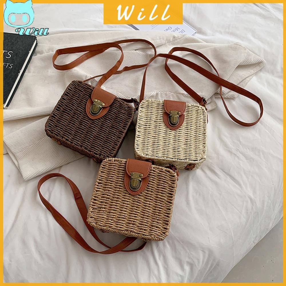 ผู ้ หญิงCrossbody Casualทอมือวันหยุดกระเป ๋ าชายหาดหวายเรียบง ่ าย