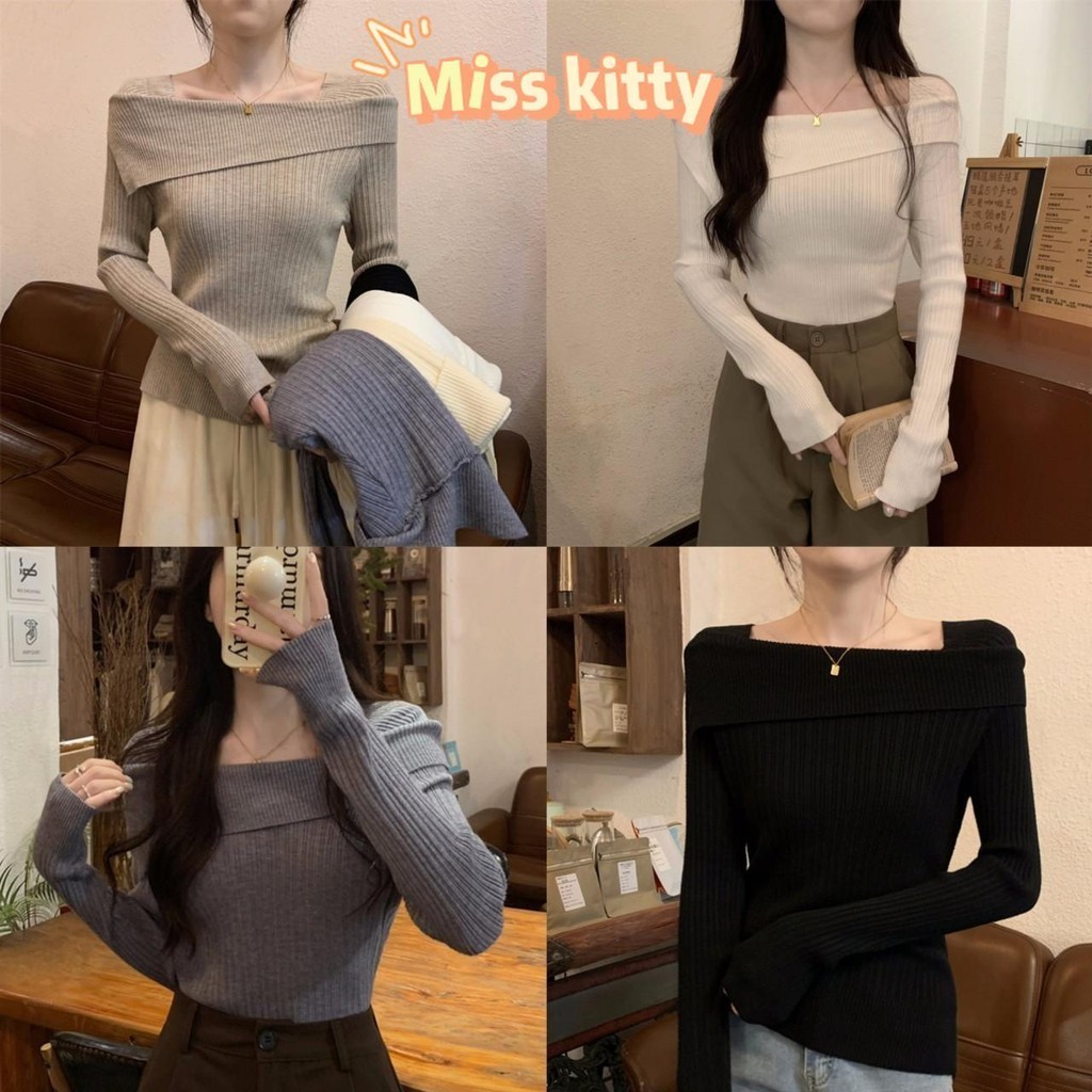 Miss Kitty พร้อมส่ง ท่านหญิงเสื้อไหมพรมแขนยาว เปิดไหล่เบาๆยืดกำลังดีผ้าร่องใหญ่ *R012-C*