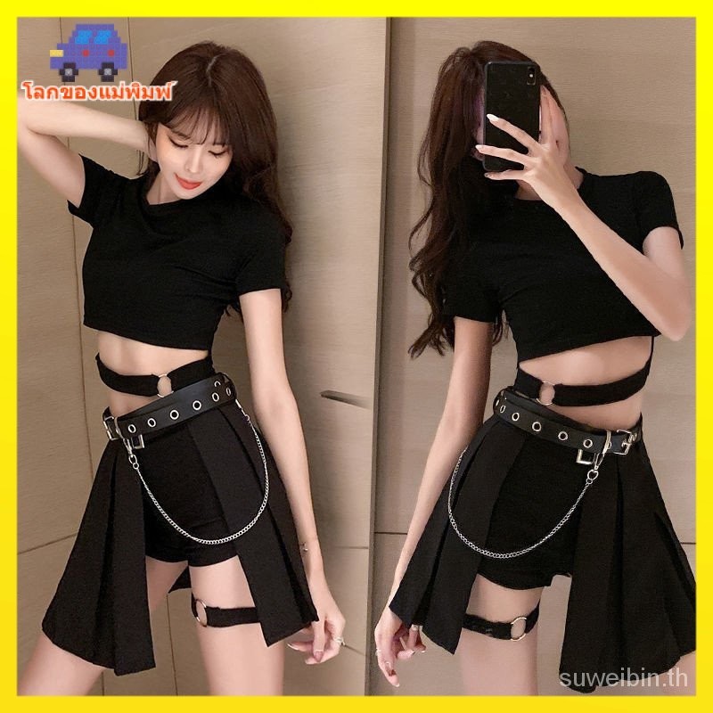 ชุดเสื้อครอปเซ็กซี่ และกระโปรงพลีท แฟชั่นฤดูร้อน สไตล์โกธิค สําหรับผู้หญิง