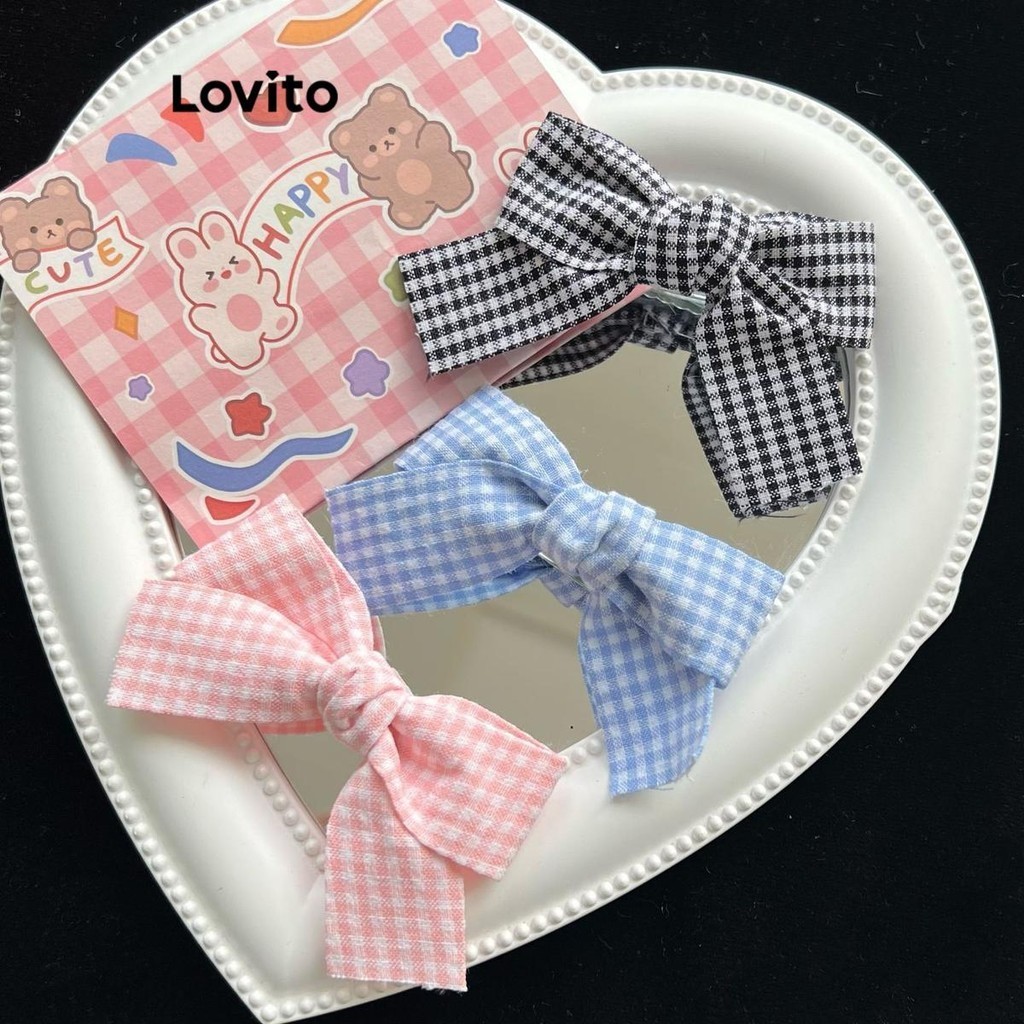 Lovito กิ๊บติดผมผู้หญิง รูปโบว์ ลายสก๊อต สไตล์ลำลอง LFA31256