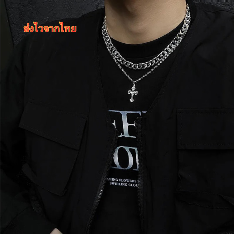 สร้อยคอ Hip-hop ไม้กางเขน ไทเทเนี่ยมเหล็ก สร้อยคอผู้หญิงแฟชั่น สร้อยคอเงิน เครื่องประดับ N184