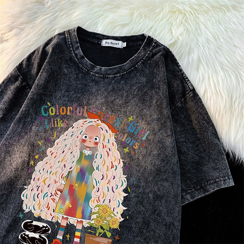 Pofloret เสื้อยืดฟอก oversize ผ้าคอตตอน โอเวอร์ไซซ์ ลายพิมพ์ตัวการ์ตูนสุดเท่ #T1563