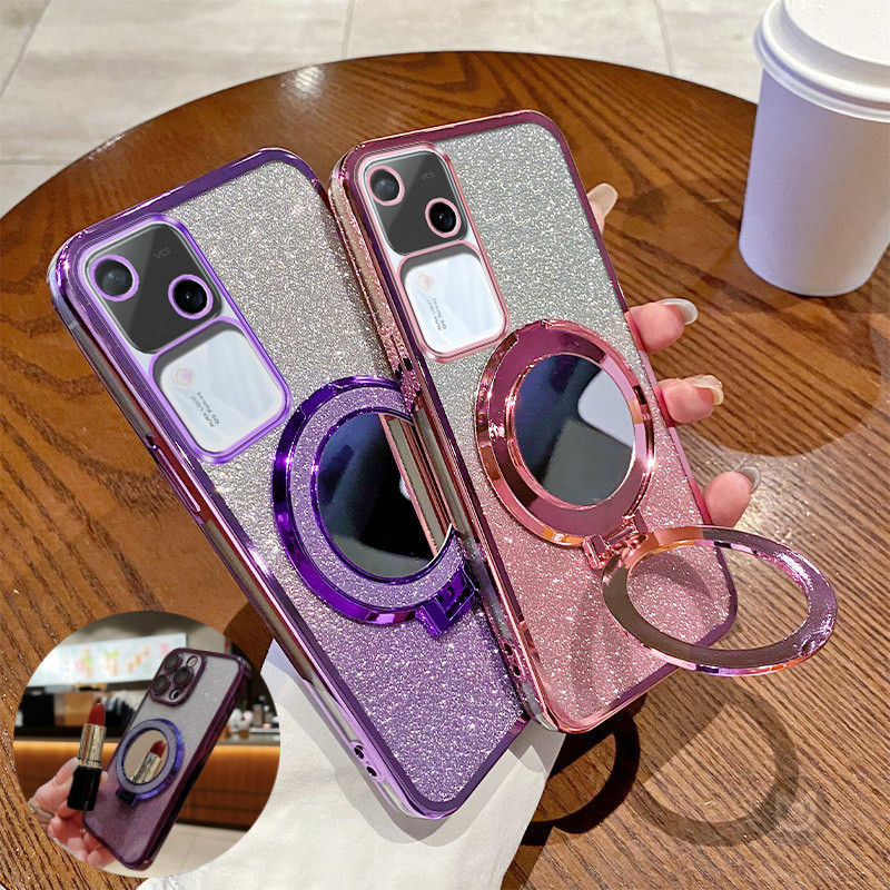 สําหรับ VIVO V30E V29E V27E V25E V23E V21E V20SE V40 V30 V29 V27 V20 V15 Pro V19 Luxury Gradient Glitter ชุบกระจกแม่เหล็กผู้ถือเคสโทรศัพท์ฝาครอบ