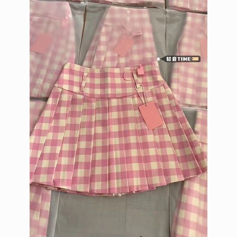 กระโปรงจีบลายสก๊อต Girly ผู้หญิงฤดูร้อนเอวสูง Slim Retro กระโปรงขนาดเล็ก A-Line กระโปรง