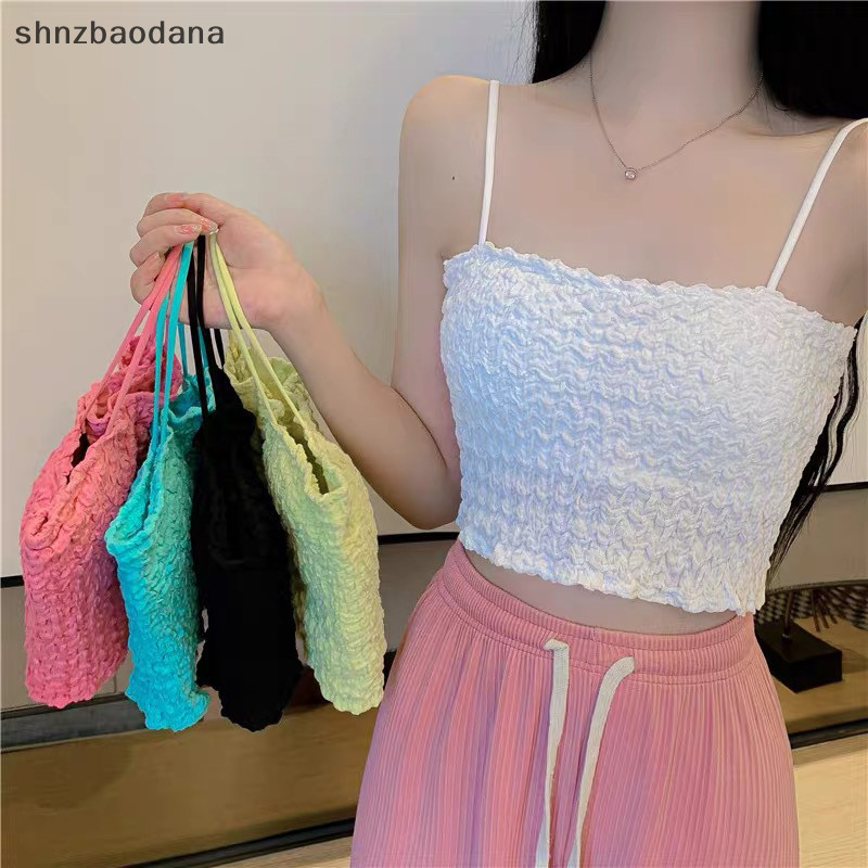 [SHNZAA ] ฤดูร ้ อนเซ ็ กซี ่ พับ Camisole หวานผู ้ หญิงสีทึบแขนกุด Backless Tops FSSG